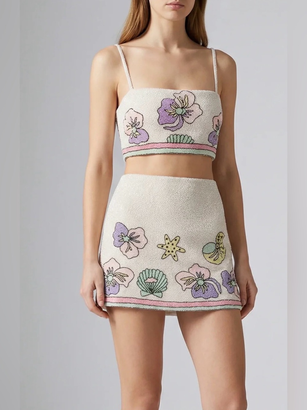 OCEANUS Tallulah Crystal Floral Crop Top-Top Only